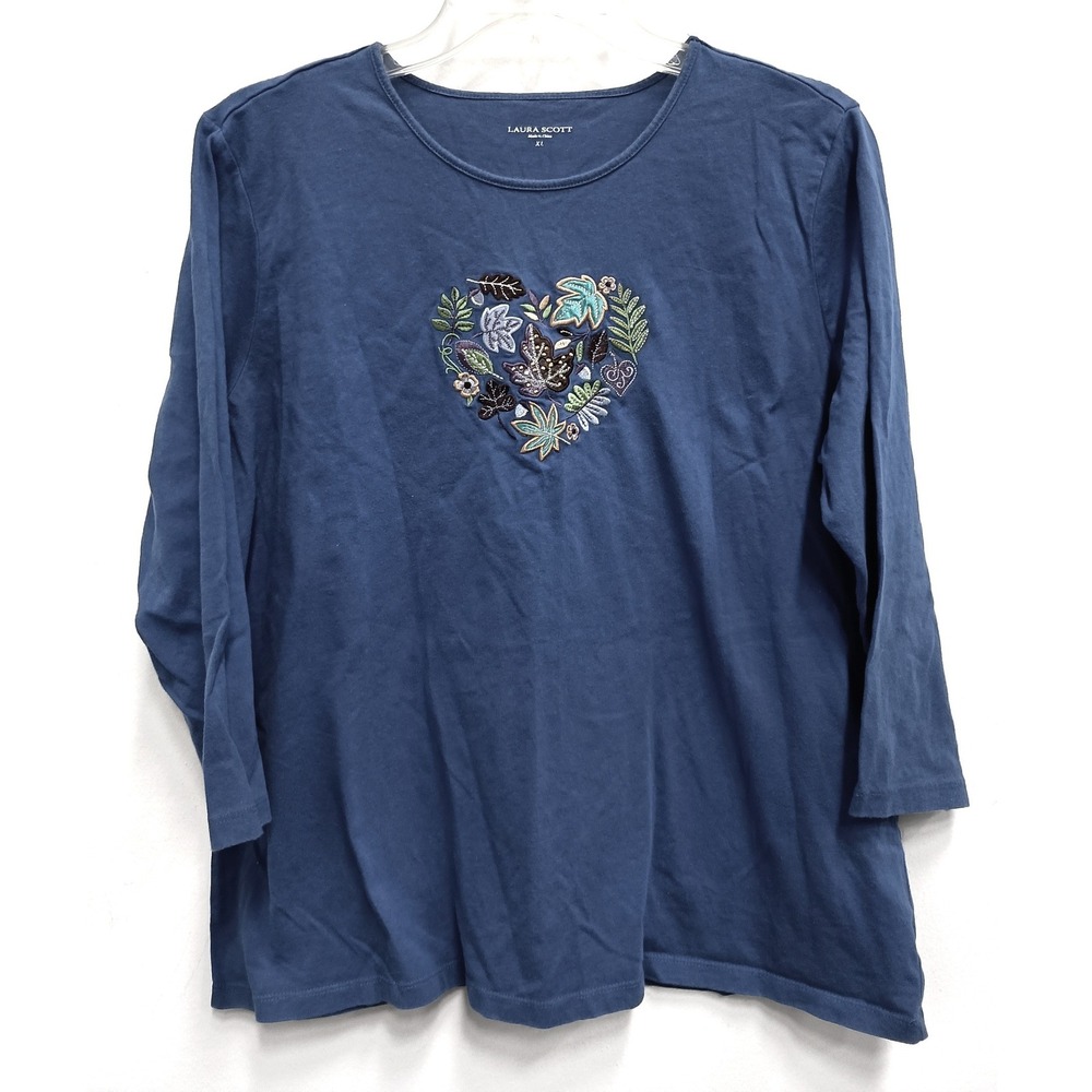 Laura Scott Embroidered Heart Leaf Top Womens XL Blue Cotton 3/4 Sleeve Casual